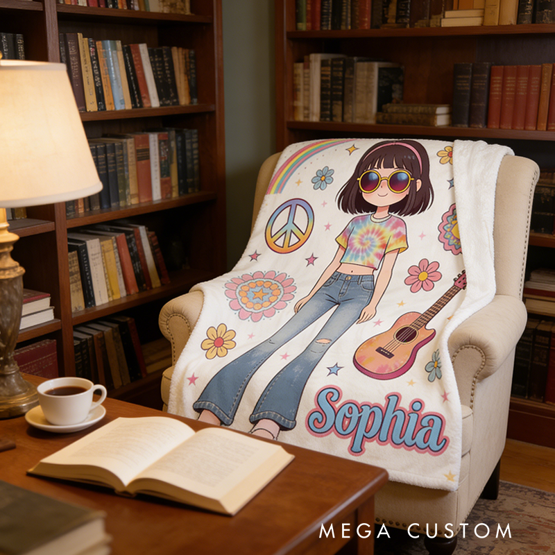 Personalized Hippie Style Blanket Custom Name Hippie Girl Hippie Soul Peace Love Blanket for Music Lover Gift