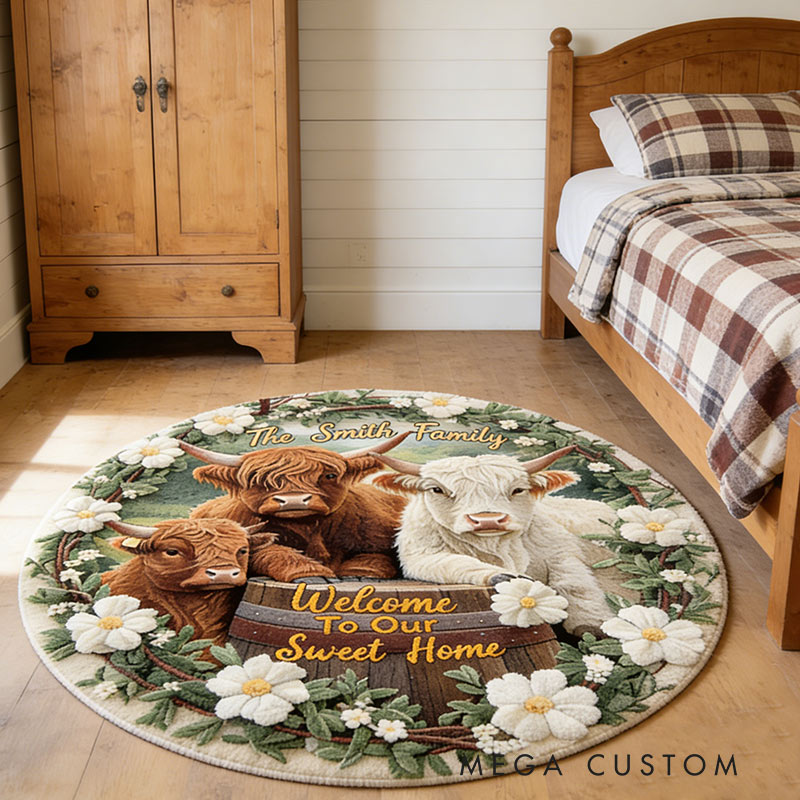 Personalized Welcome To Our Sweet Home Rug Custom Highland Cow Round Rug with Name for Family New Home Gifts Housewarming Day Gift