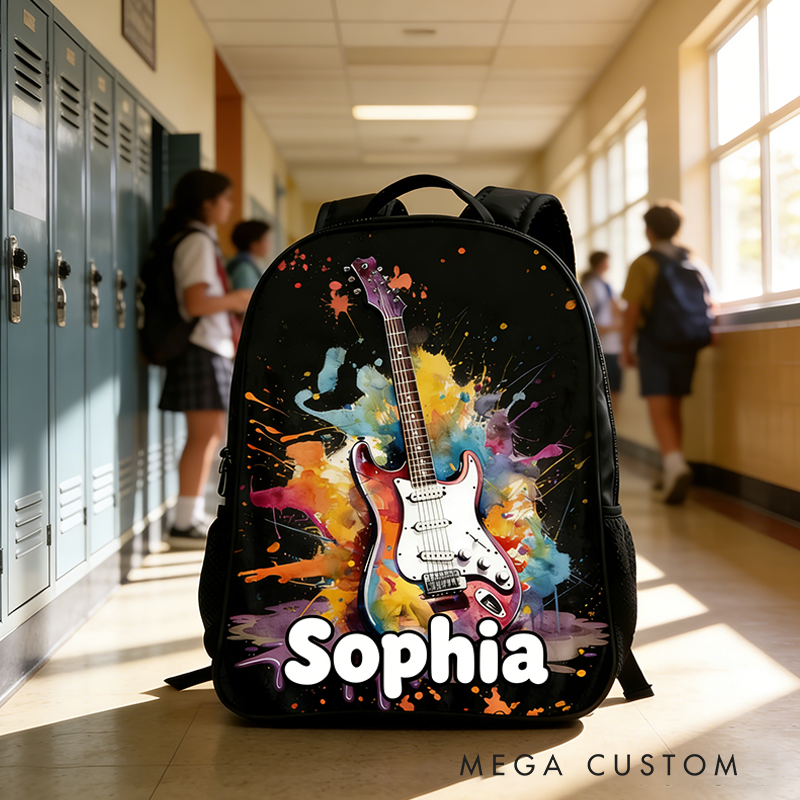 Personalized Multicolor Splash Ink Electric Guitar Backpack with Name Music Room Decor Gift for Guitar Player