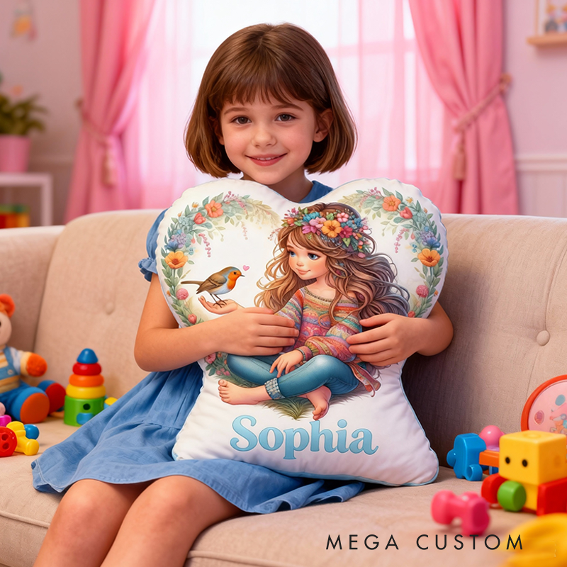 Personalized Heart Shaped Pillow Custom Name and Bohemian Girl Floral Wreath Bird Design for Her