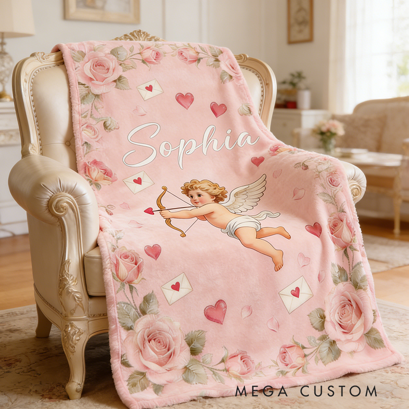 Personalized Cupid Themed Valentine's Day Gift Blanket Custom Name for Her