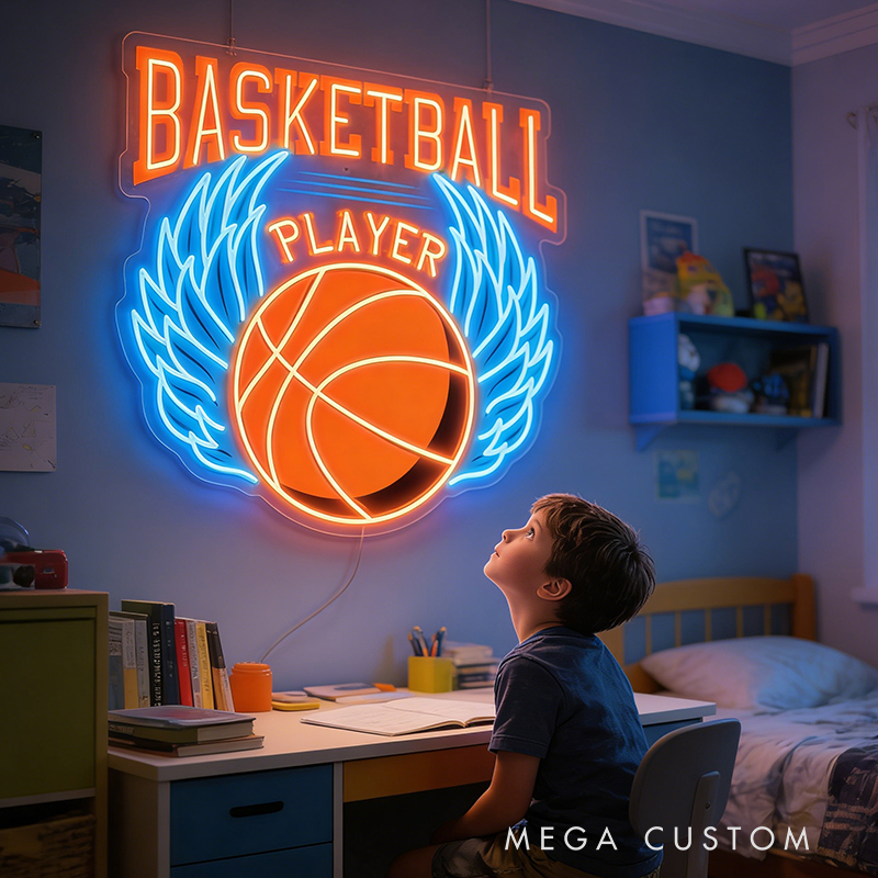 Personalized LED Basketball Neon Sign with Winged Ball Design for Basketball Lovers Teenage Boy Gifts