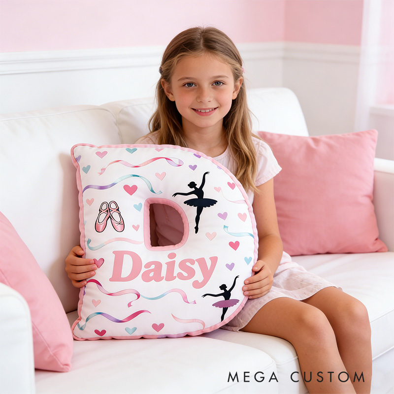 Personalized Graphic 3D Swirling Ribbons Ballerina Alphabet Shaped Pillow for Dance Lovers Initial Pillow Christmas Gift for Kids