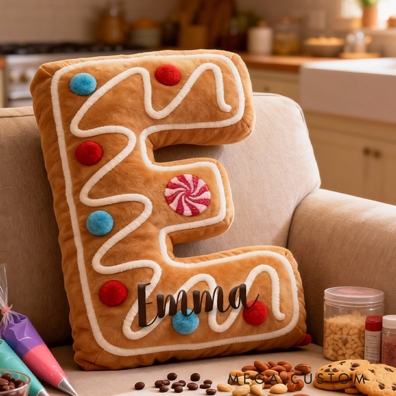Personalized Gingerbread Cookie Initial Pillow Graphic 3D Print Pillow with Name for Baking Lovers 