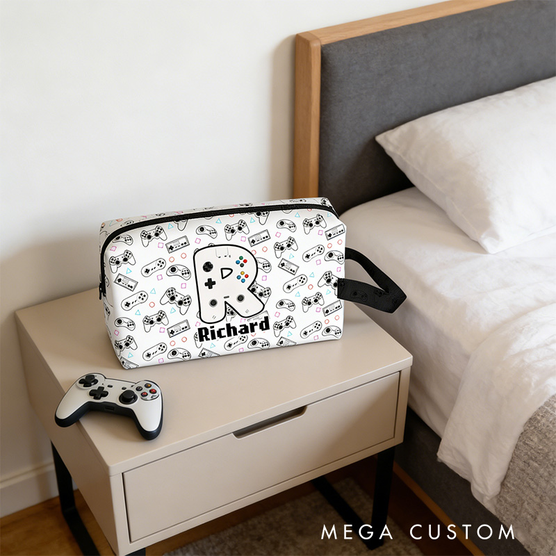 Personalized Game Controller Name Portable Toiletry Bag with Zipper and Handle Dopp Kit Travel Accessory Birthday Gift for Game Lover