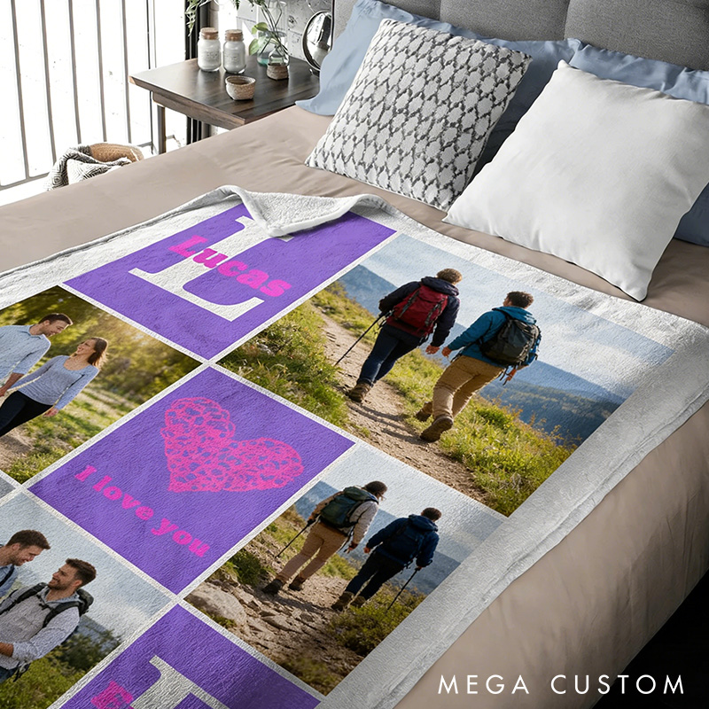 Personalized Heart 6 Photos Soft Throw Blanket with Name and Text Home Decor Valentine's Day Outdoor Hiking Gift for Couple
