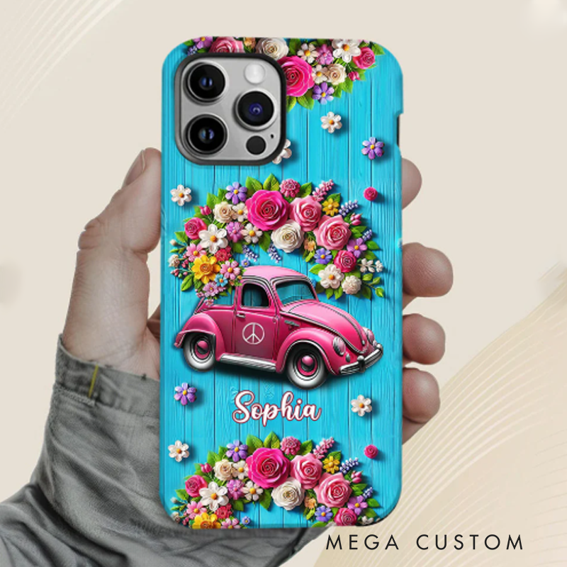 Personalized Hippie Accent Phone Case Custom Name Hippie Cars Theme and Flower Case