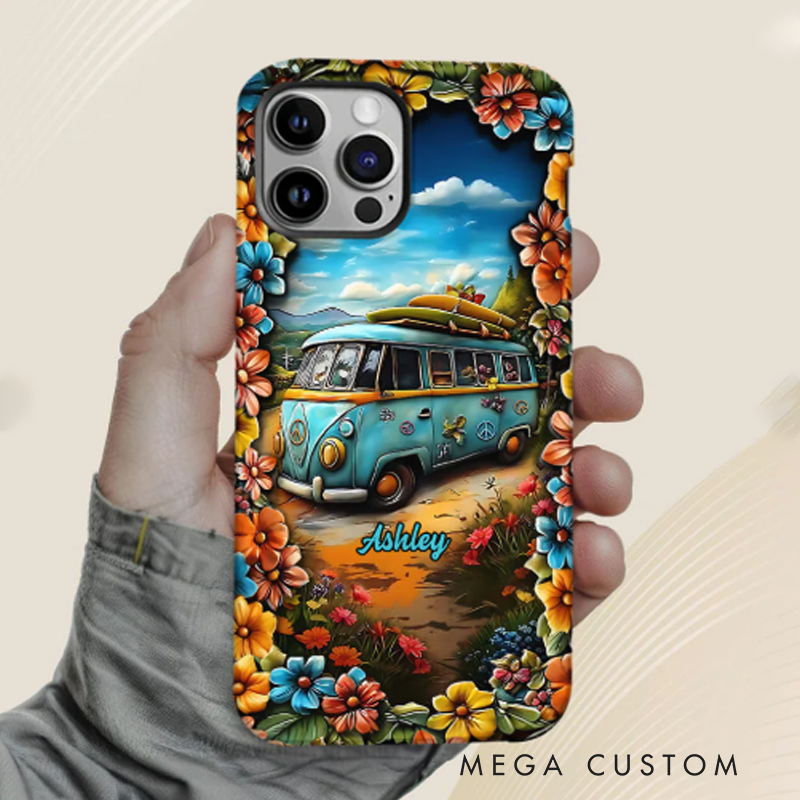 Personalized Hippie Accent Phone Case Custom Name Hippie Cars Theme and Flower Case