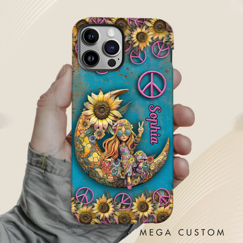 Personalized Hippie Girl Accent Phone Case Custom Name Hippie Theme and Flower Case