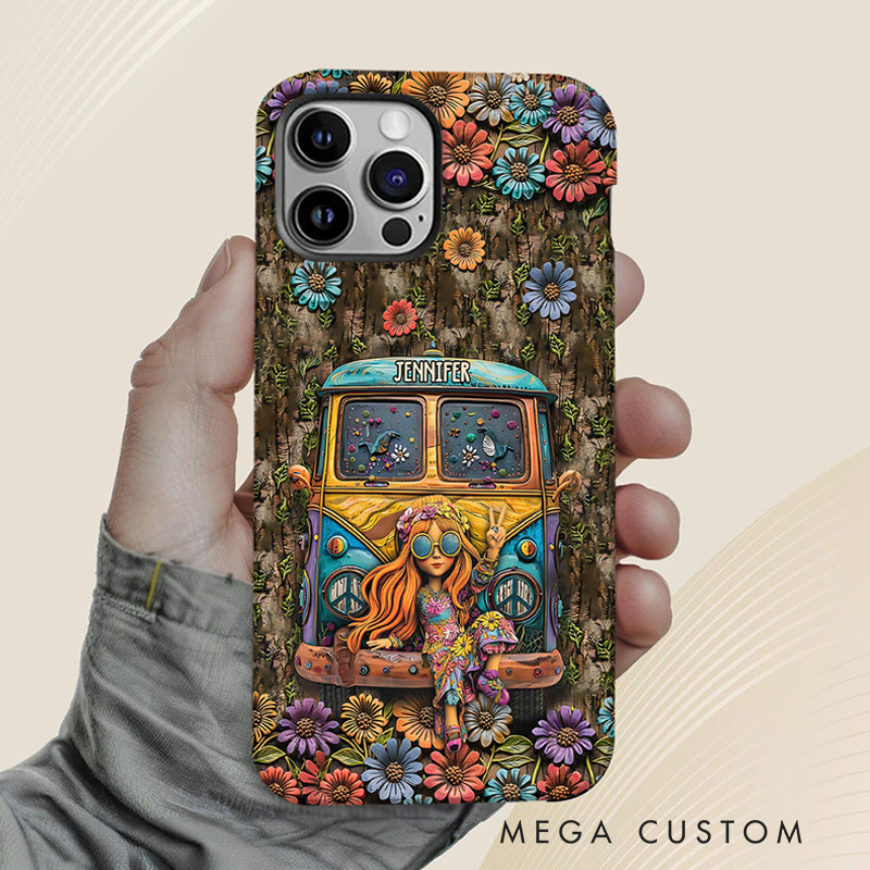 Personalized Hippie Girl and Cars Accent Phone Case Custom Name Hippie Theme and Flower Case