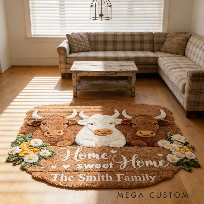Personalized Home Sweet Home Rug Custom Highland Cow Mat for Family Housewarming Gift