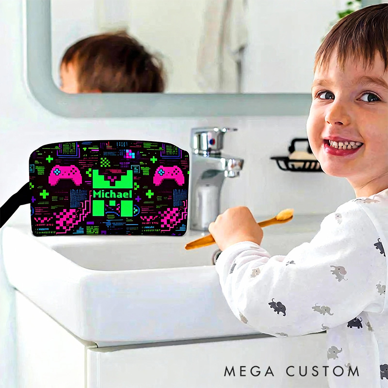 Personalized Glitch Art Style Gamer Name Portable Toiletry Bag with Zipper and Handle Dopp Kit Travel Accessory Birthday Gift for Game Lover