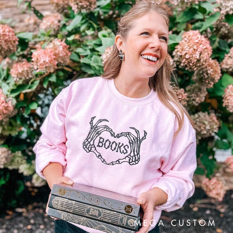 Personalized Spooky Book Classic Sweatshirts Skull Heart Book Sweatshirt Valentine's Day Gift for Book Lover Reader Bookish Bookworm