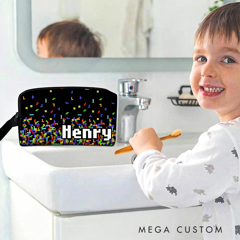 Personalized Retro Classic Game Name Portable Toiletry Bag with Zipper and Handle Dopp Kit Travel Accessory Birthday Gift for Game Lover