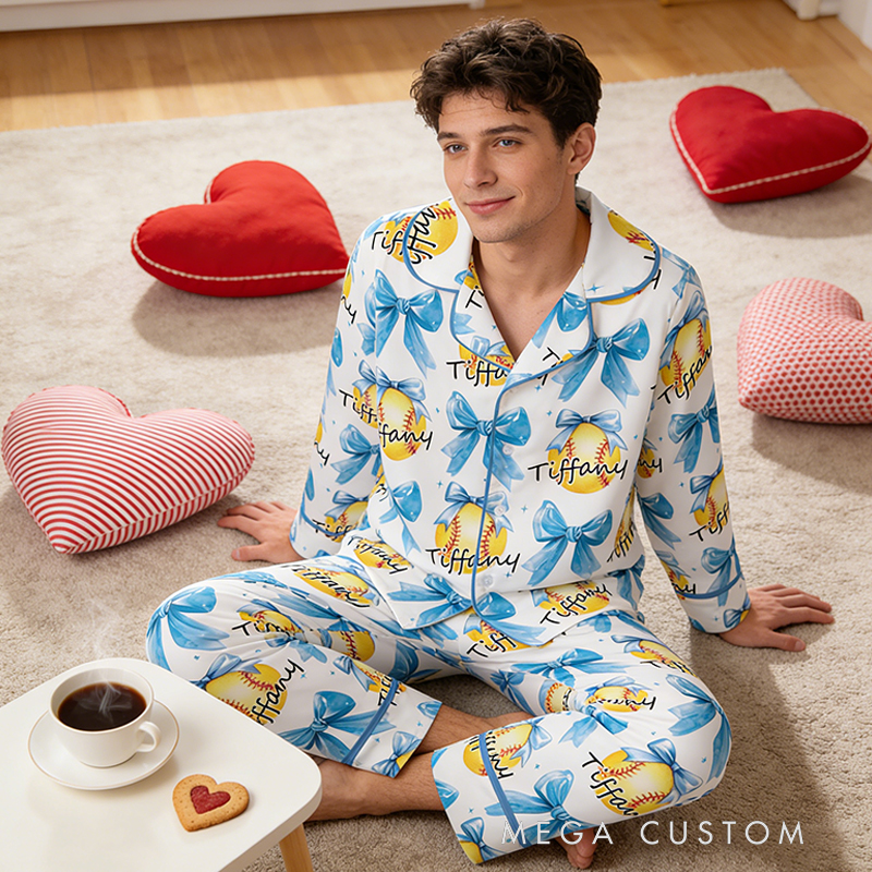 Personalized Couple Softball Pajamas with Custom Name and Romantic Design Gift for Anniversaries Valentine’s Day 