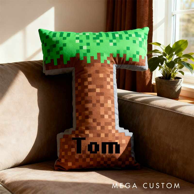 Personalized Pixel Grass Graphic 3D Print Alphabet Shaped Pillow for Game Lovers Initial Pillow Christmas Gift for Kids