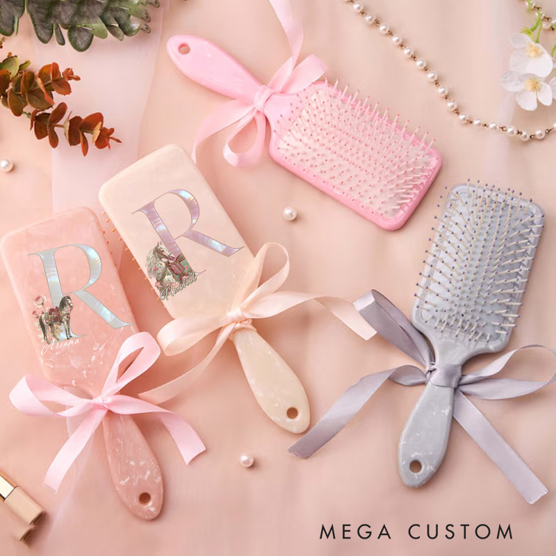 Personalized Horse Riding Initial Name Airbag Comb Hair Comb Pink Airbag Brush Anniversary Gifts for Girls for Horse Lovers Riding Lovers Equestrian Lovers