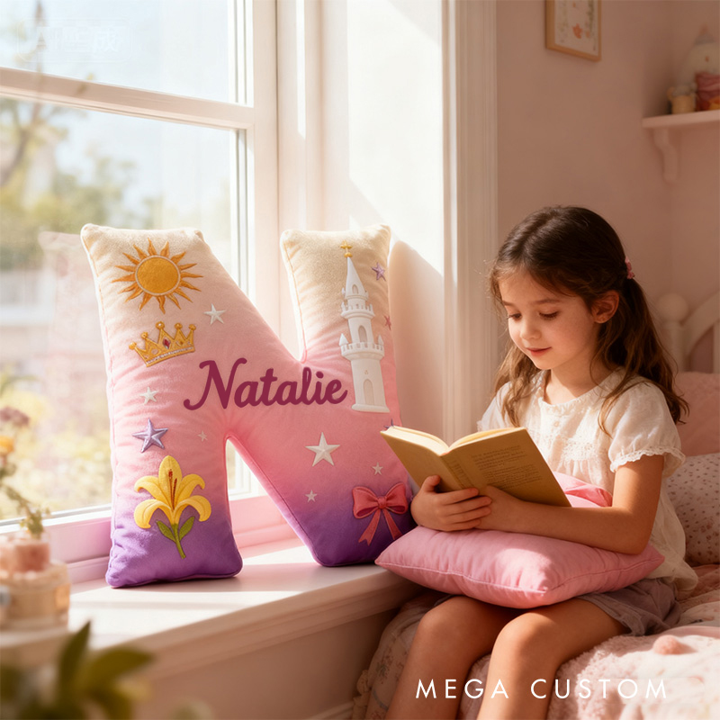 Personalized Graphic 3D Print Cartoon Tower And Love Tale Alphabet Shaped Pillow for Cartoon Lovers Initial Pillow Christmas Gift for Kids