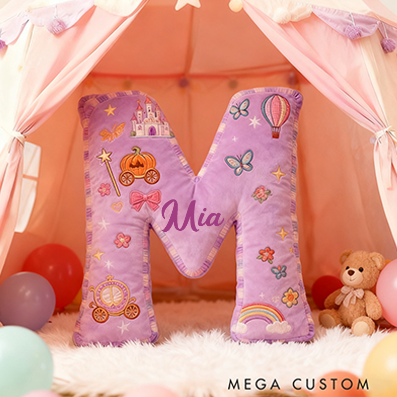 Personalized Princess Letter Christmas Gift Pillow Purple Design and Fairytale Embroidery Graphic 3D Print Pillow for Kids