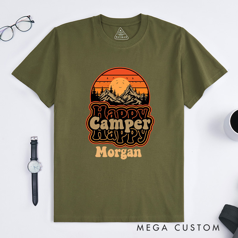 Personalized Happy Camper Retro Mountain SunseT-Shirt Camping Adventure Shirt for Nature Travelers Outdoors Lover Gift