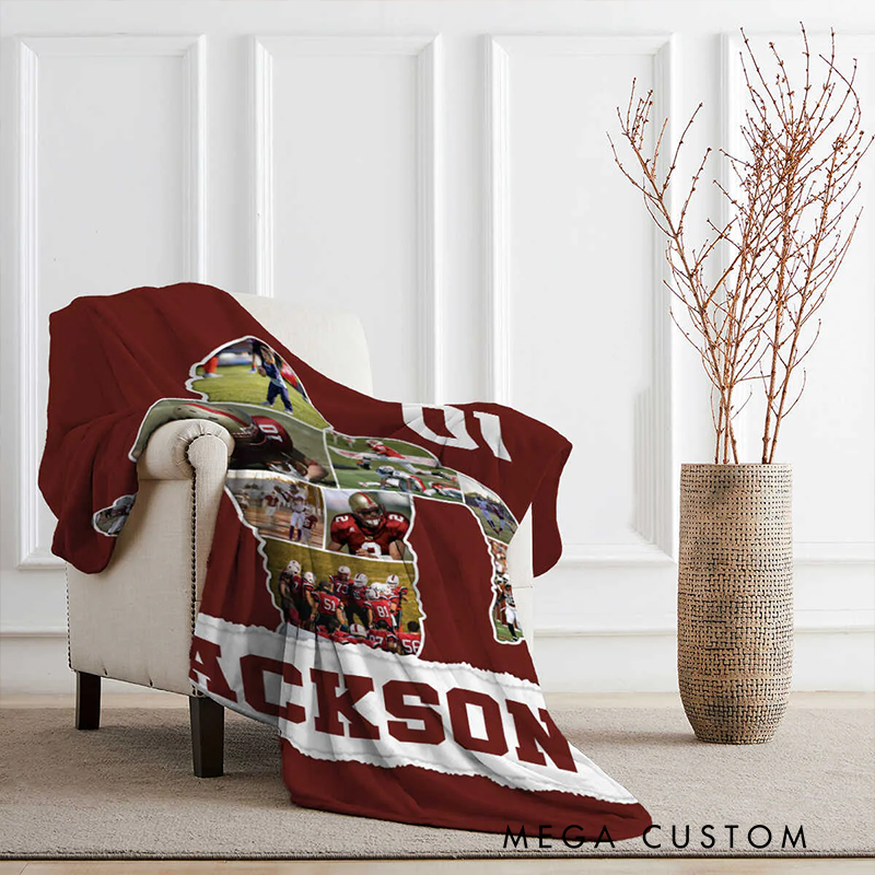 Personalized American Football Photo Collage Blanket with Custom Name and Number