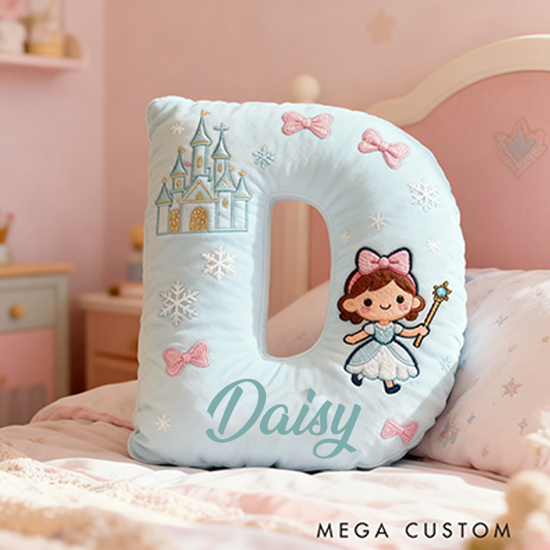 Personalized Light Blue Letter Christmas Gift Pillow with Castle Bow Accents and Fairy Princess Design for a Magical and Whimsical Touch 3D Print Pillow