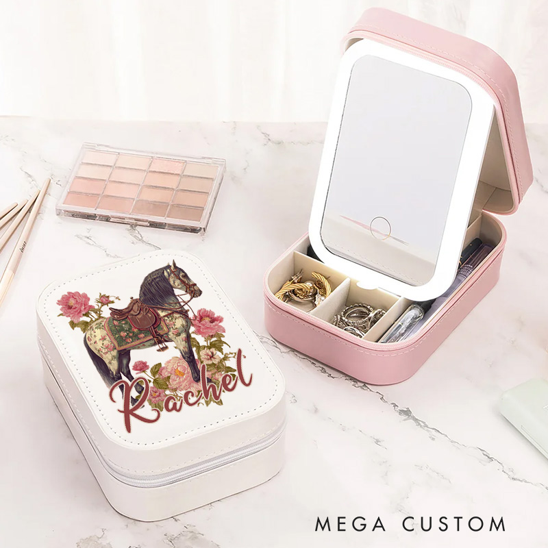 Personalized Horse Riding Initial Name PU Leather Jewelry Box with LED Three color Makeup Mirror Travel Essential Birthday Gift for Women for Girls for Horse Lovers Riding Lovers Equestrian Lovers