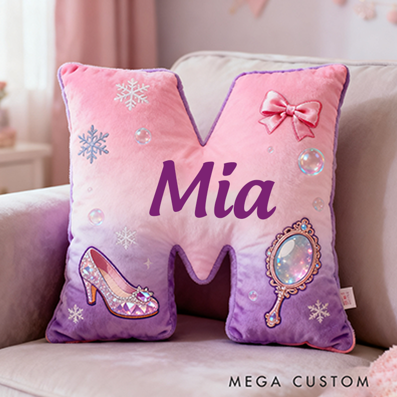 Personalized Colorful 26Letters Magic Mirror and Crystal Shoe Cute Graphic 3D Print Pillow Cute Magic Beautiful Letter Custom Pillow Gift for Kids
