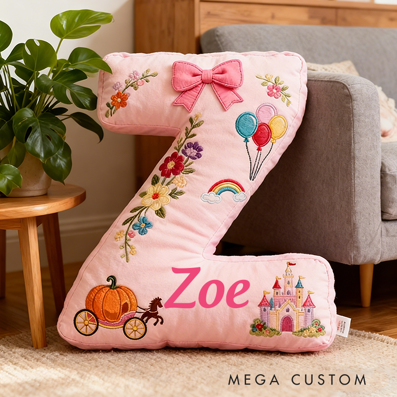 Personalized Pink Letter Christmas Gift Pillow with Castle Pumpkin Carriage Rainbow for a Fairytale Inspired Design Graphic 3D Print Pillow
