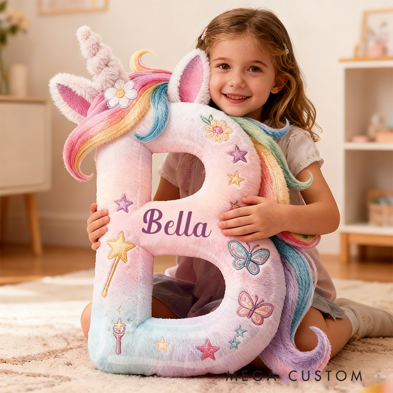 Personalized Letter Christmas Gift Pillow Pastel Rainbow Colors Stars Butterflies Magic Wand and Whimsical Fairy Tale Design Graphic 3D Print Pillow