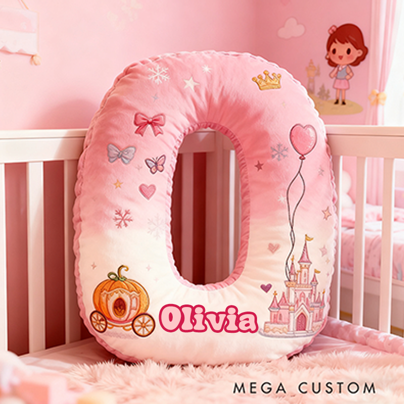 Personalized Letter Christmas Gift Pillow Princess Theme Castle Pumpkin Carriage Crown Balloons and Whimsical Fairy Tale Design Graphic 3D Print Pillow