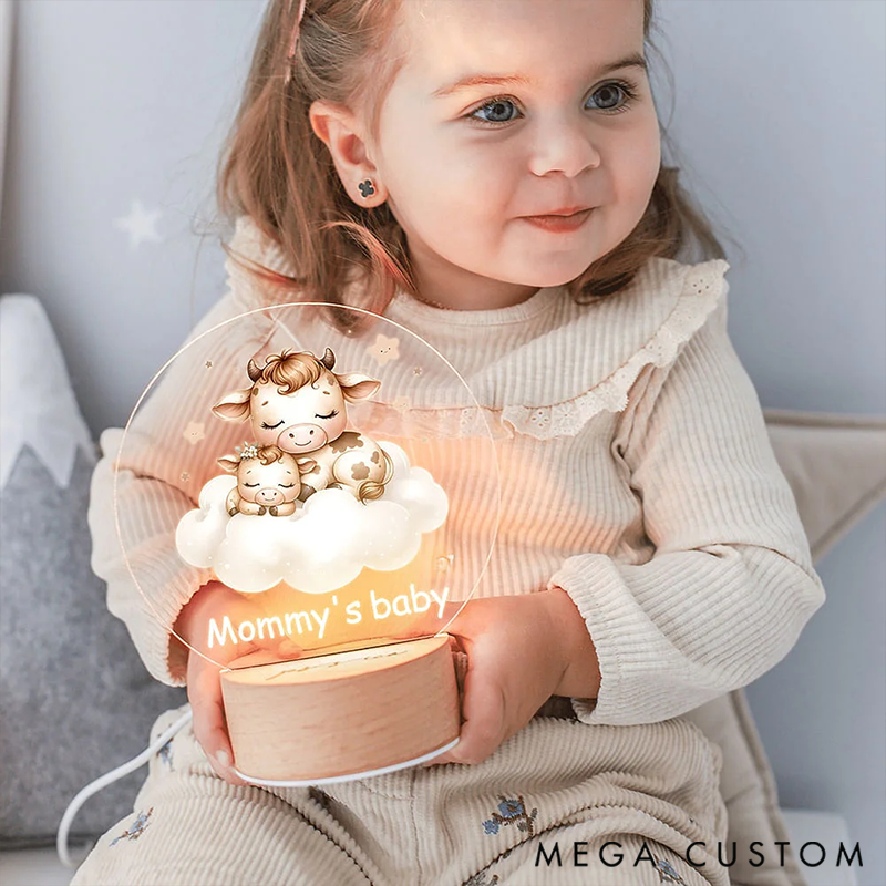 Personalized Sleeping Mommy Baby Animal Dreamy Moon Cloud LED Night Light with Wooden Base and Name Decor Birthday Gift for Kids
