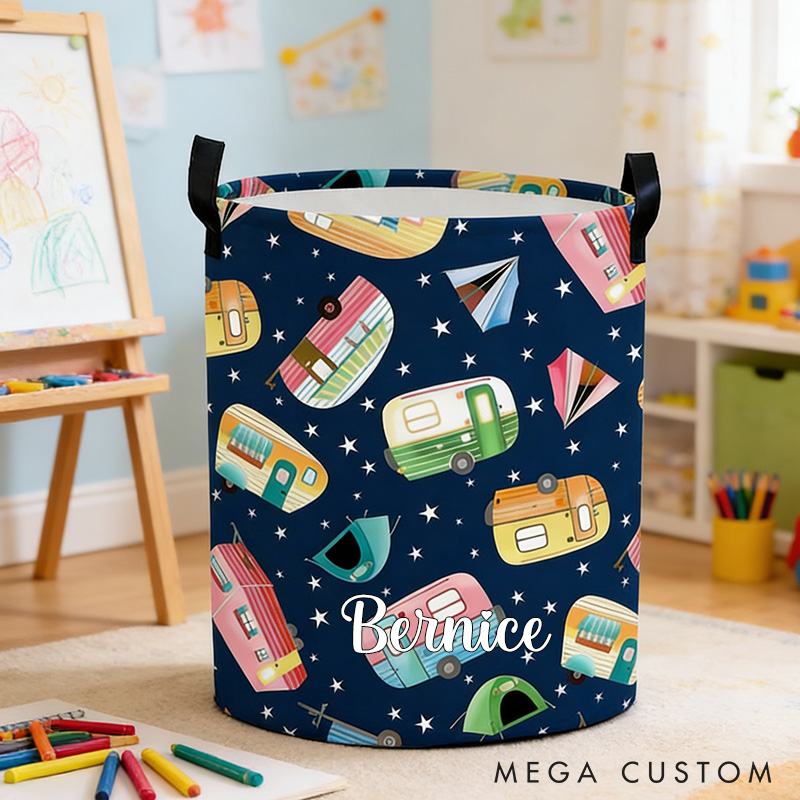 Personalized Camper Themed Laundry Storage Basket Retro Camper Basket Basket with Name Gifts for Kid Outdoor Camping Lover