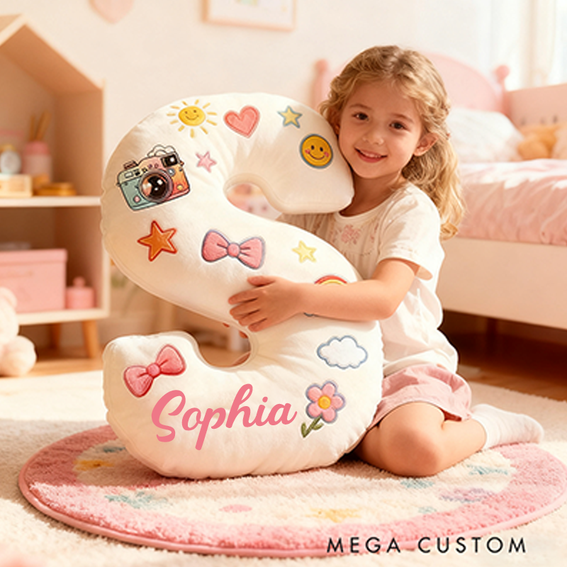 Personalized 26 Letters Shaped Christmas gift Pillow with Cute Camera Bowknots Flowers Smiley Faces Stars and Pastel Design Graphic 3D Print Pillow