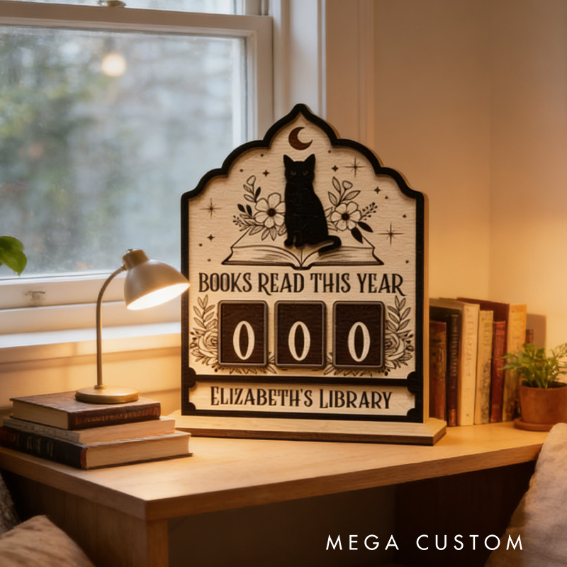 Personalized Books Read This Year Counter Vintage Book and Cat Reading Tracker with Name Bookshelf Decor for Book Lover Bookish Librarian Reader Christmas Gift