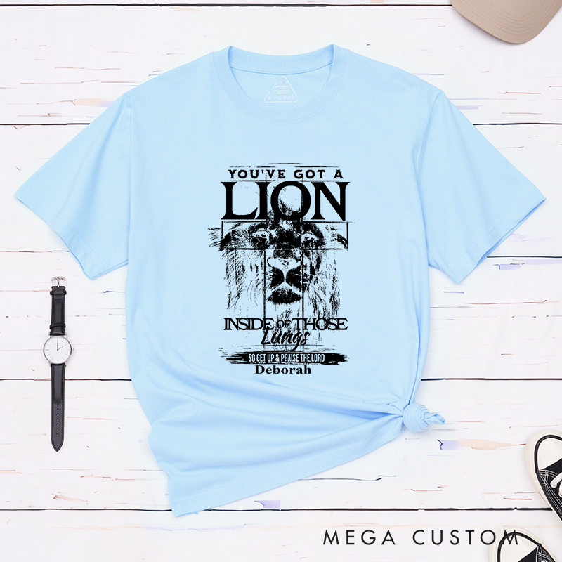 Personalized Lion Imagery Cotton Bible Verse Classic T-Shirt with Custom Name Christians Gift Birthday Gift Christian Apparel Gift for Jesus Lover 