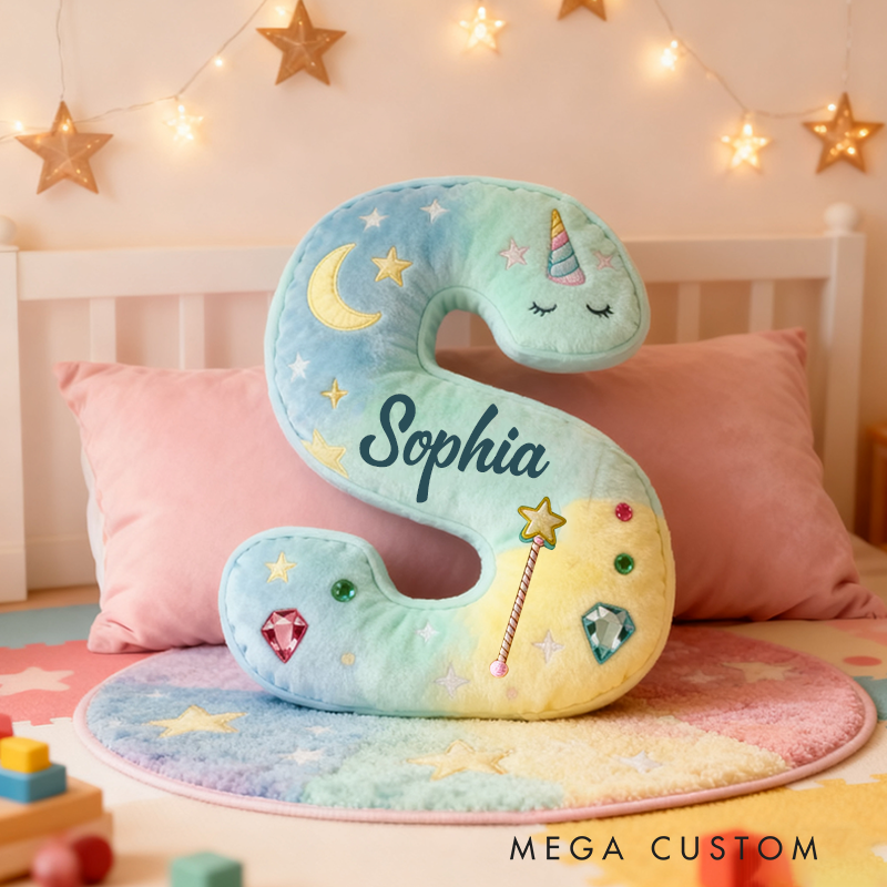Personalized Colorful 26 Letters Unicorn Starry Dream Cute Graphic 3D Print Pillow Cute Magic Beautiful Letter Custom Pillow Gift for Kids