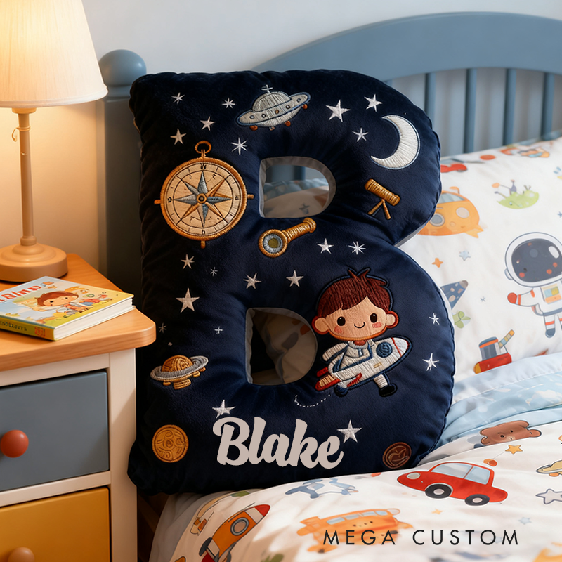 Personalized Space Themed Christmas Gift Pillow with Stars Moon Spaceship Compass Telescope and Astronaut Design Graphic 3D Print Pillow