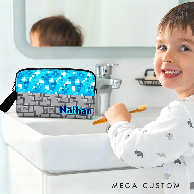 Personalized Pixel Diamond Portable Toiletry Bag with Zipper and Handle Dopp Kit Travel Accessory Birthday Gift for Game Lover Kids