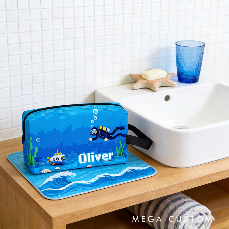 Personalized Pixel Ocean Game Portable Toiletry Bag with Zipper and Handle Dopp Kit Travel Accessory Birthday Gift for Game Lover Kids