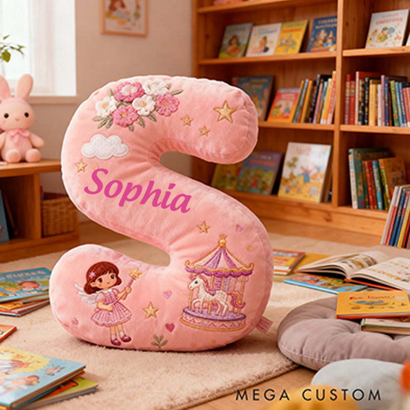 Personalized Pink Letter Christmas Gift Pillow Pink Fairy Tale Design Carousel Magic Wand Flowers and Whimsical Embroidery Graphic 3D Print Pillow
