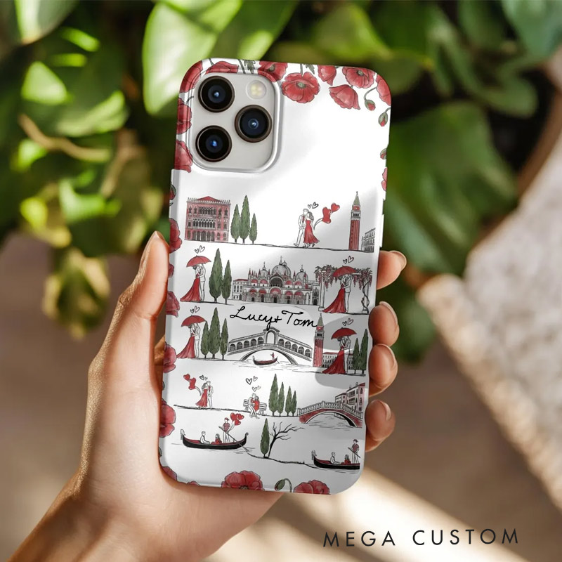 Personalized Romantic Venice Line Art Phone Case with Custom Name for Traveling Lovers 