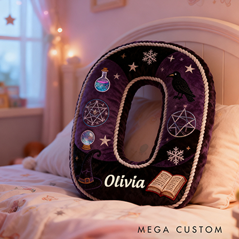 Personalized Witchy Letter Pillow Purple and Black Design and Mystical Embroidery Graphic 3D Print Pillow for Kids
