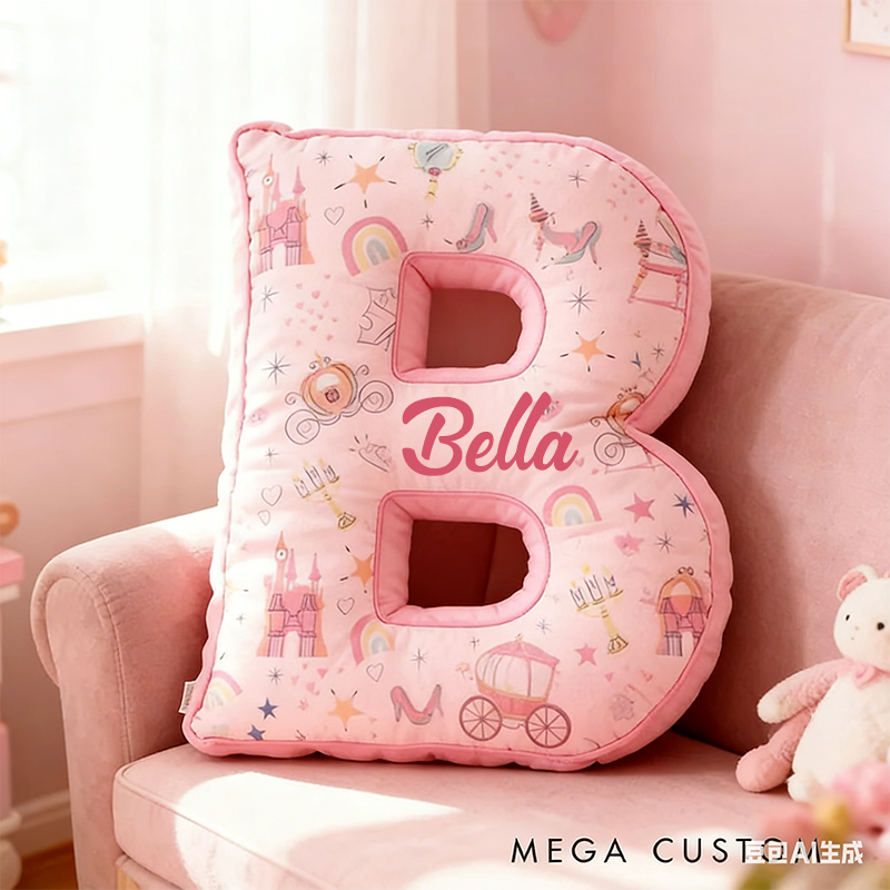 Personalized 26 Letters Christmas Gift Pink Pillow with Castles Rainbows Stars and Whimsical Fairy Tale Design Graphic 3D Print Pillow for Kids