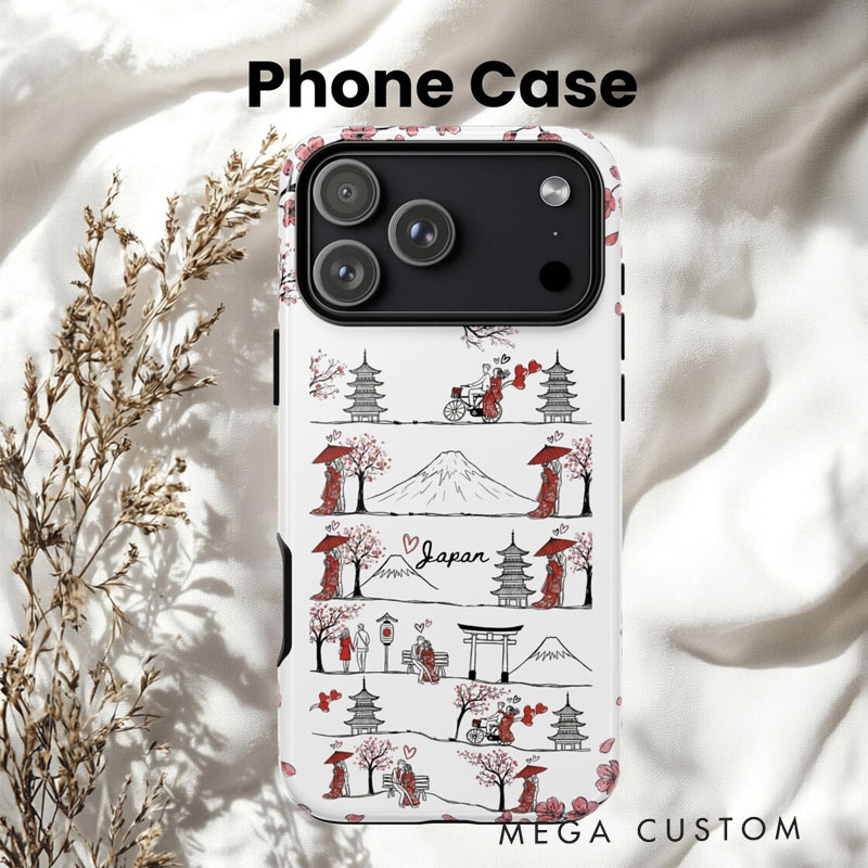 Personalized Romantic Sakura Japan Line Art Phone Case with Custom Name for Traveling Lovers 