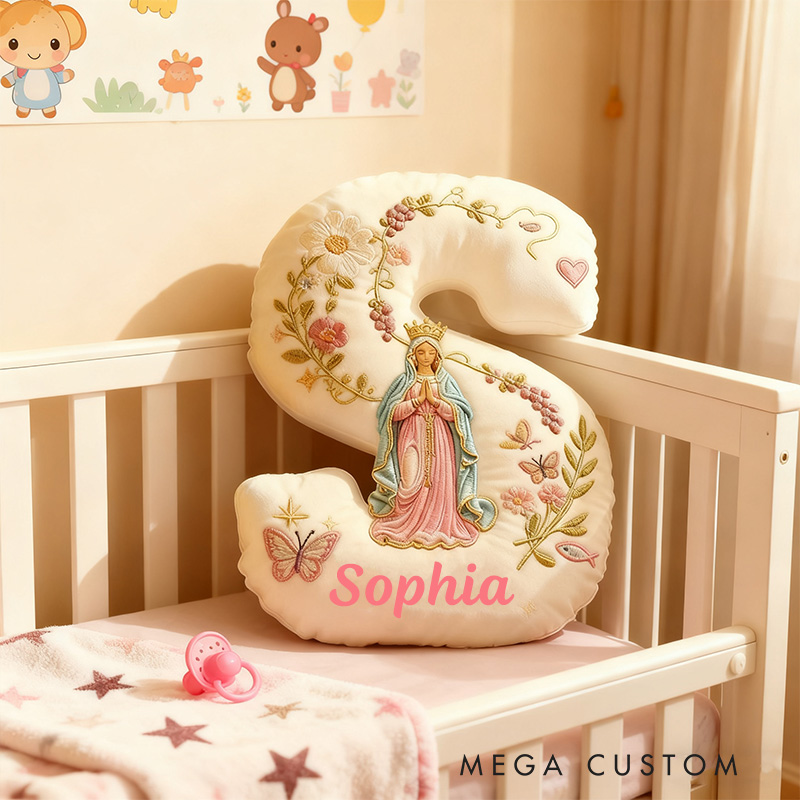 Personalized Virgin Mary Letter Pillow with Custom Name Home Decor Flower Butterfly Vine Graphic 3D Print Pillow Religious Faith Gift Catholic Gift