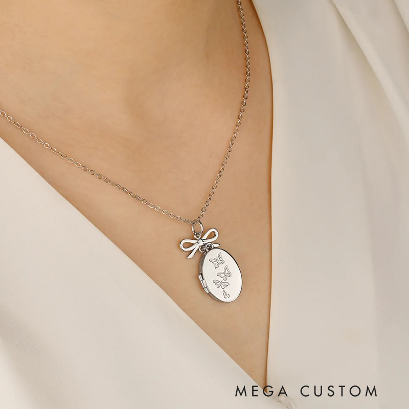Personalized Vintage Oval Butterfly Photo Necklace with Bow Charm and Engraved Text Memorial Jewelry for Loss of Loved One