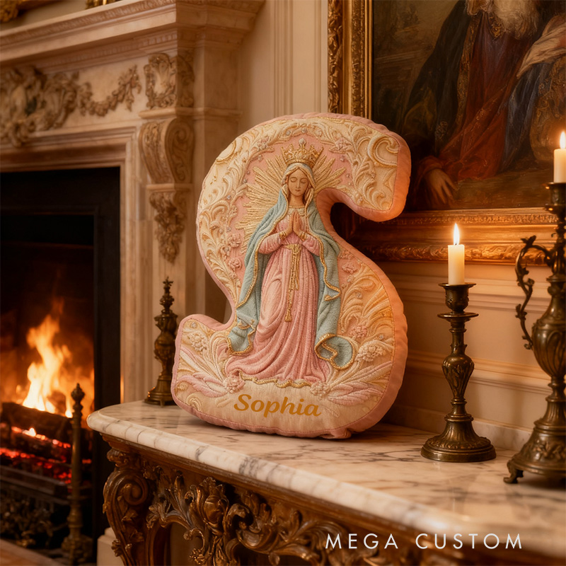 Personalized Golden Grace Virgin Mary Letter Pillow with Custom Name Home Decor Our Lady Pillow Catholic Marian Pillow Christian Gift Graphic 3D Print