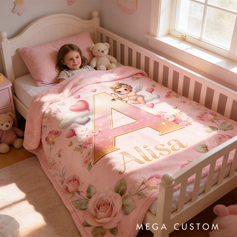Personalized Cupid Themed Valentine's Day Gift Soft Throw Blanket with Name Home Decor Western Nursery Birthday Gift for Magic Friends