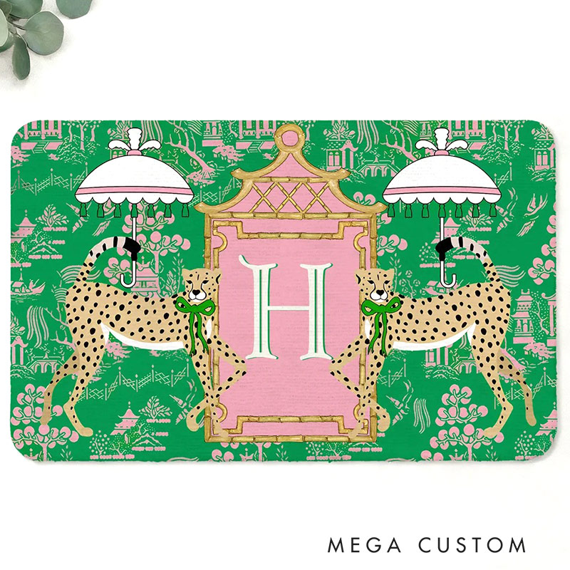Personalized Leopard Pagoda Chinoiserie Non-Slip Door Mat with Initial Entryway Home Decor Housewarming Gift for Family